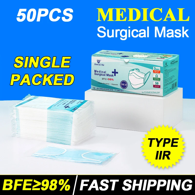 

50PCS Blue Medical Surgical Mask 3-Ply Anti-Dust Elastic Earloop Mouth Disposable Face Masks respirator filter mondkapjes CNF