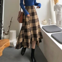 2021 autumn women vintage chic plaid skirts winter high waist split irregular hem female woolen skirts loose a line skirts