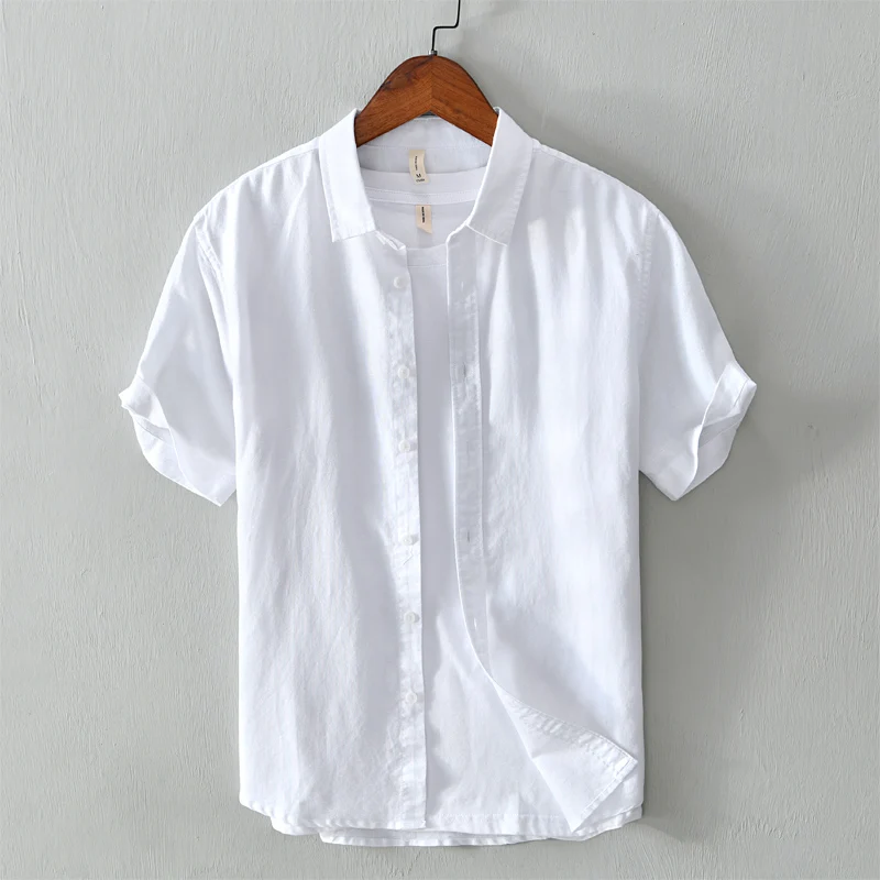 

New white shirt men summer short sleeve breathable linen cotton tops solid high quality man clothing Camisa masculina 566