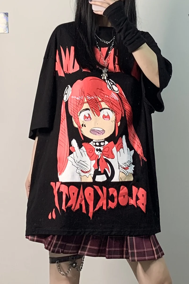 

JK ACG Cartoon Girl Print Women Short Sleeve T-shirt For Couples 2021 Summer Unisex Gothic Punk Girl Tshirts Harajuku Top Tee