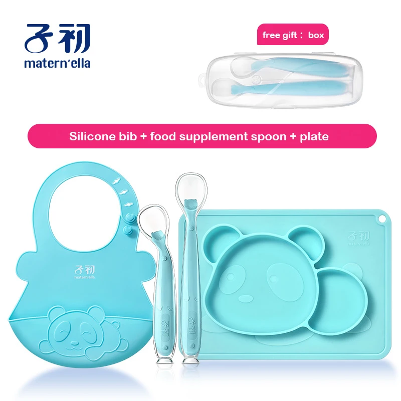 bib spoon bowel Matern'ella, 2 шт.+ коробка, Детские Силиконовые ложки, посуда для кормления, посуда для детей, столовые приборы, силиконовая ложка - Цвет: bib spoon bowel