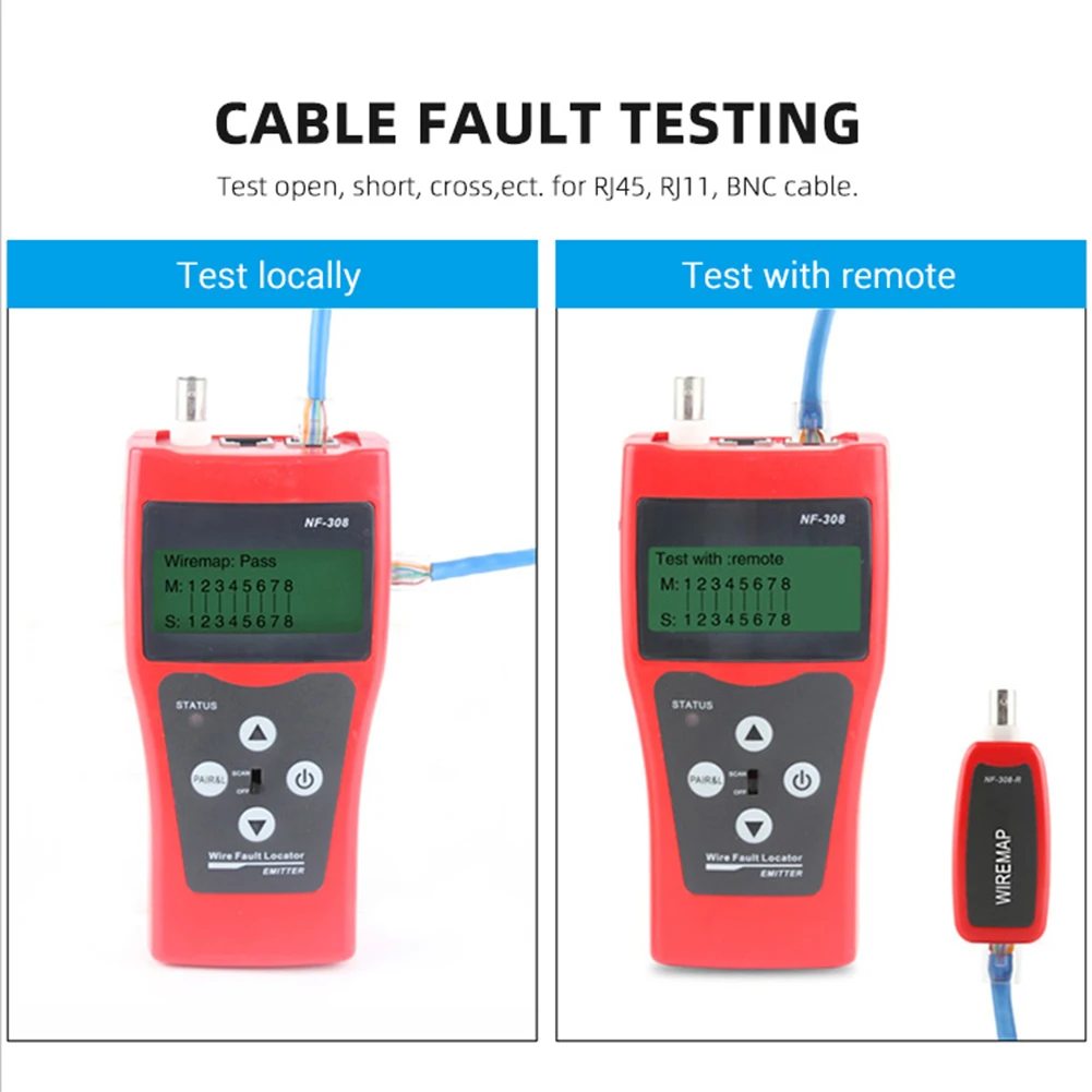 NF-308 Measure Network LAN Cable Length Cable Continuity Test Wire Tracker RJ45 RJ11 Ethernet Cable Tester Red