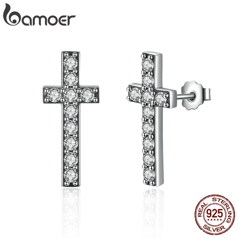 BAMOER 925 пробы серебряные модные серьги-гвоздики с крестиком и AAA цирконием, серьги с застежкой для женщин, ювелирные изделия SCE036