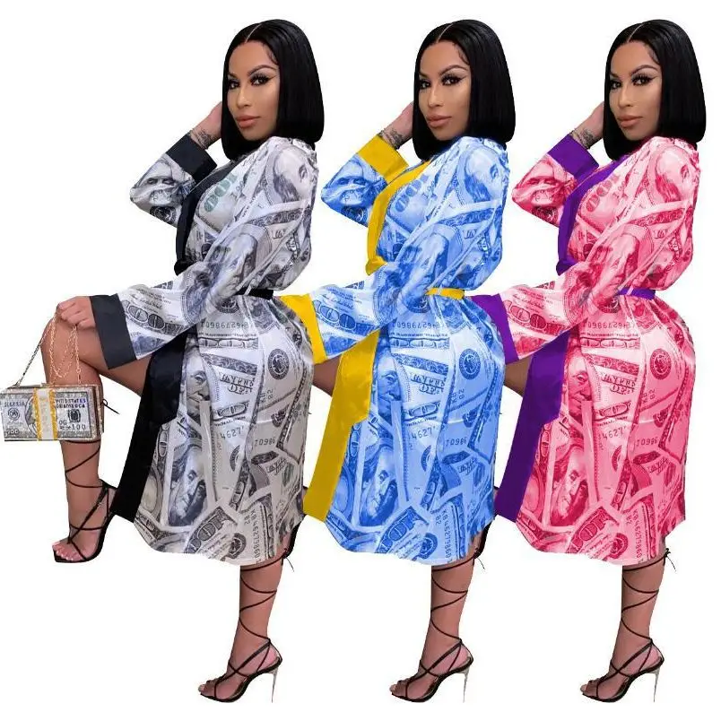 Женское шелковое длинное кимоно с принтом долларов стильная атласная одежда для