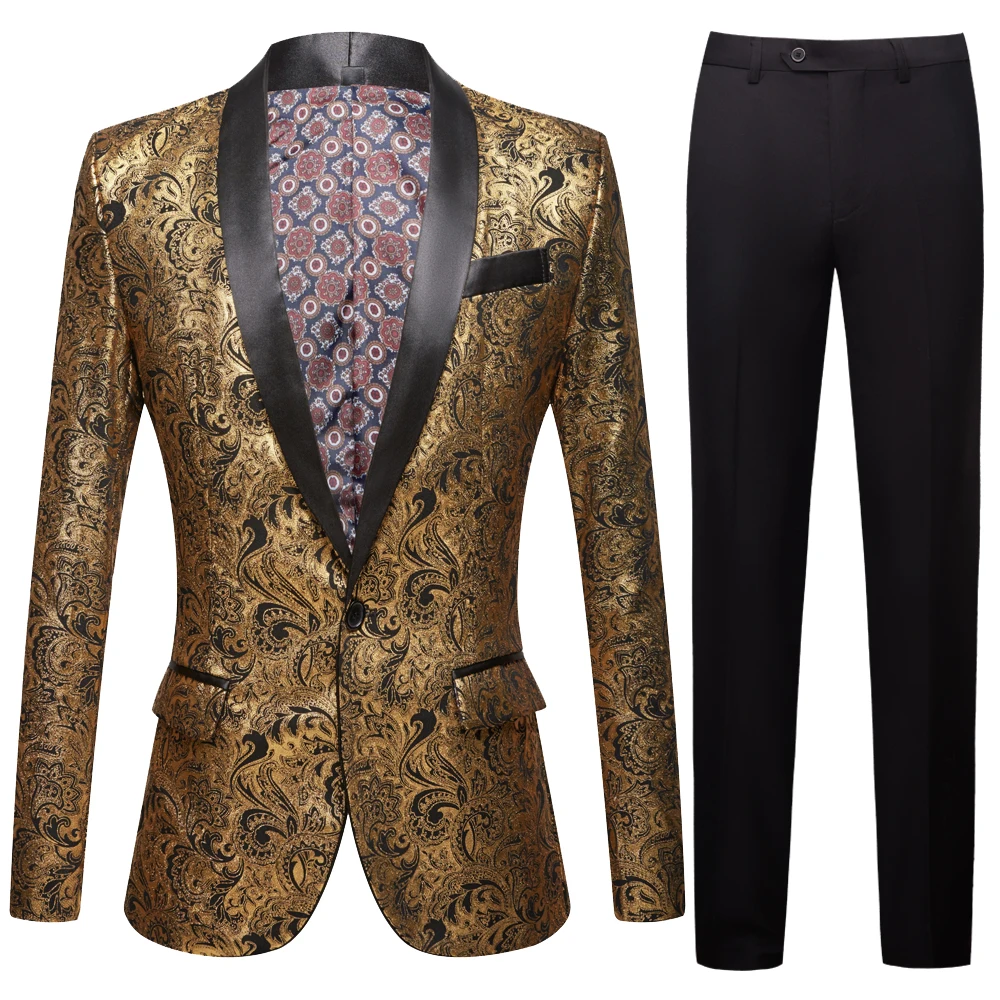 

Men's gold plated black collar suit Set Wedding Gold Floral Pattern Slim Fit Party Prom Dress Tuxedo Singers Costume jacket