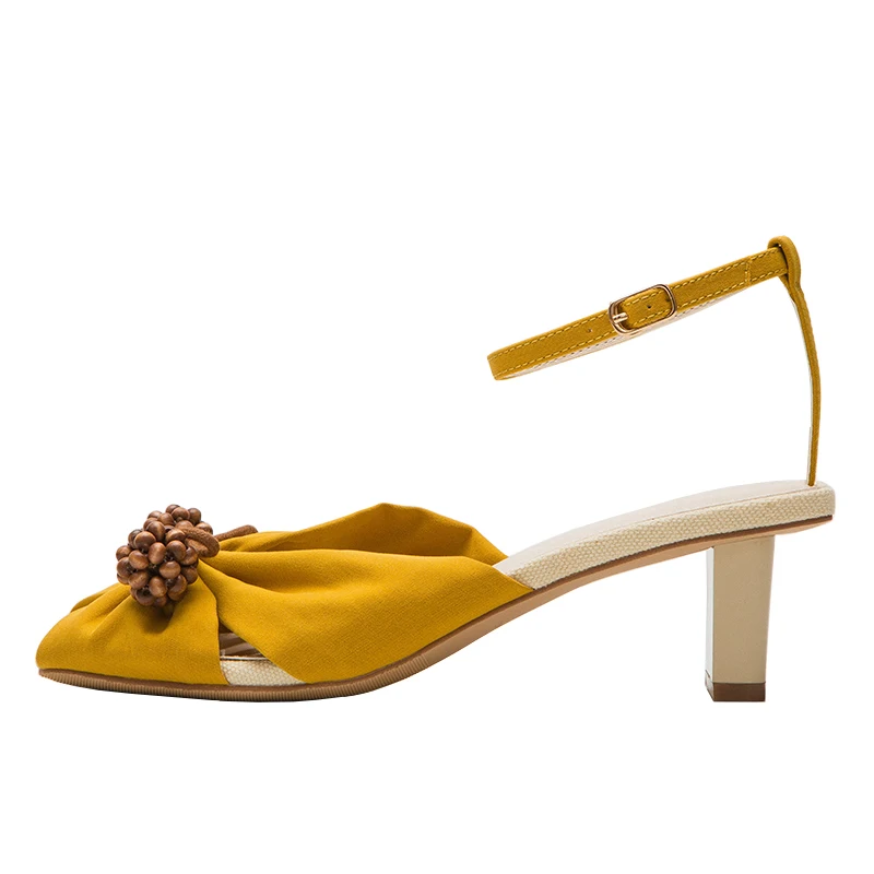 

Fashion Heeled Sandals Women Printed Bow Beaded Ankle Strap High Heels 2021 Summer New Linen Mid heel Mules Talons hauts