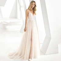eightree elegant v neck backless wedding dress applique tulle slit side a line summer bridal evening ball gown dress custom size