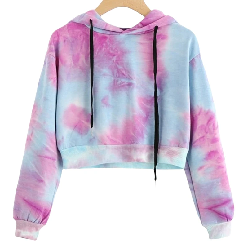 

Autumn Thin Tie-Dye Top Women's Short Casual Purple Drawstring Hoodie Round Neck Cotton Sweatshirt