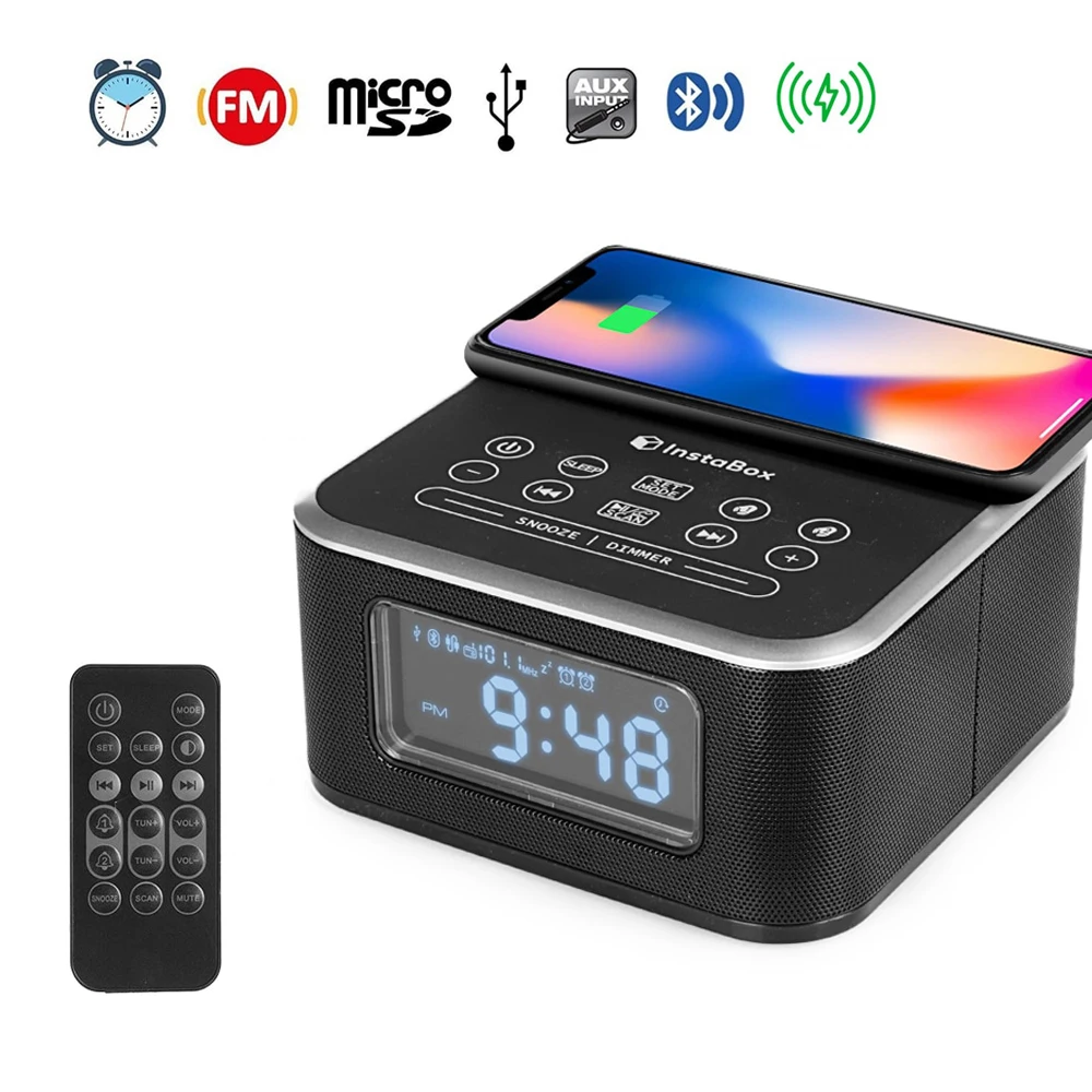 InstaBox W33 FM радио с Bluetooth динамик сигнализация MP3 плеер Поддержка Беспроводное зарядное устройство для iPhone samsung дистанционное управление часы