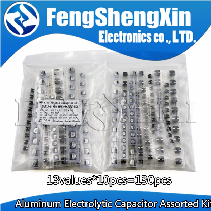 

13values X10pcs=130pcs 1uF-220uF SMD Aluminum Electrolytic Capacitor Assorted Kit Set 10V 25V 50V 4*5 4X5 6X5 Samples Kit