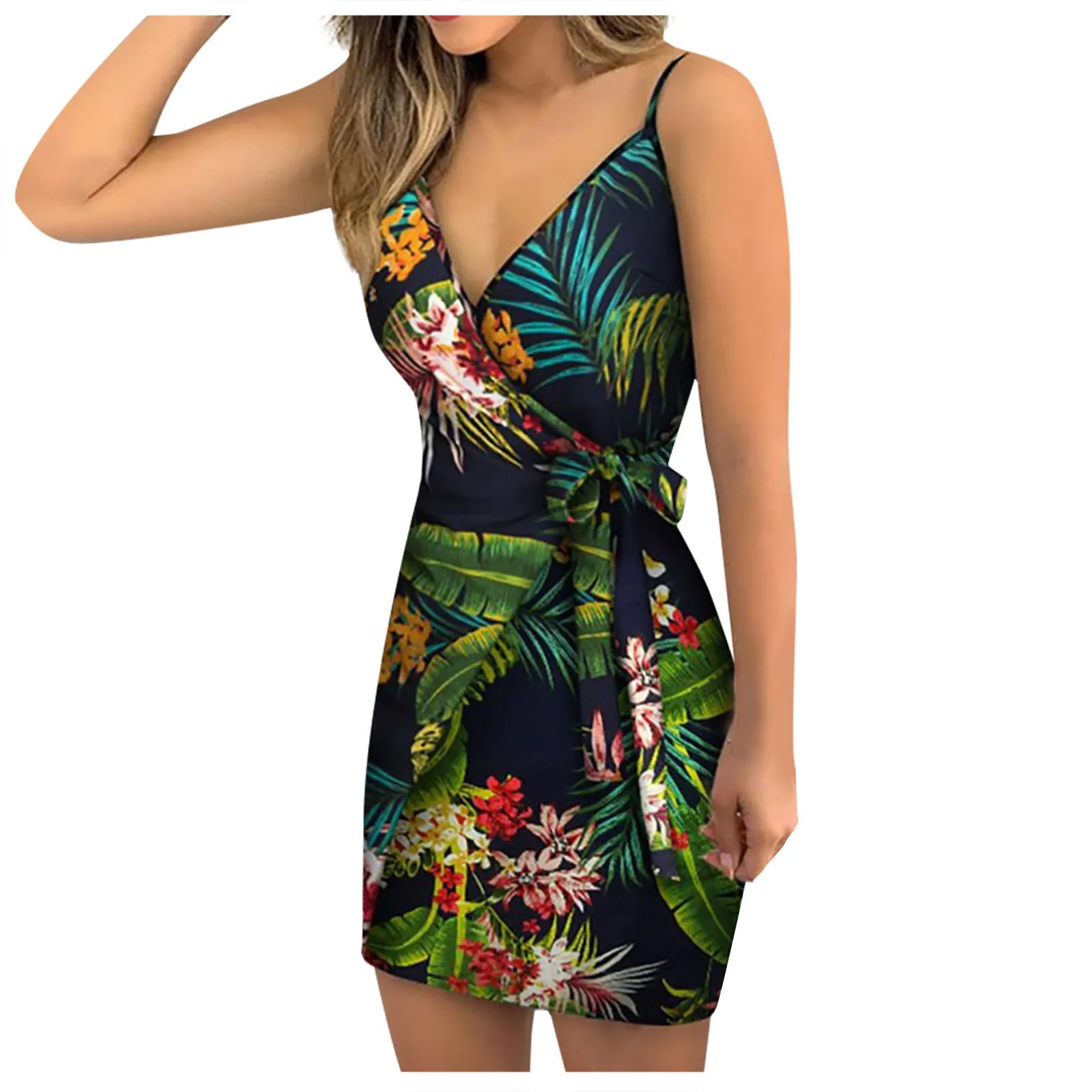 

2021 Summer Dresses Women V-Neck Sleeveless Floral Lace-up Midi Dress Sexy Bohemian Tropical Print Beach Sundress Vestidos A40