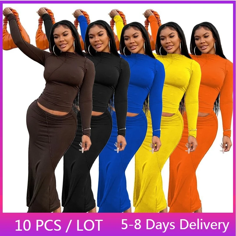 

Крупные партии модных комплектов для женщин, уличная одежда, короткий топ и длинная юбка, однотонные комплекты из 2 предметов, оптом