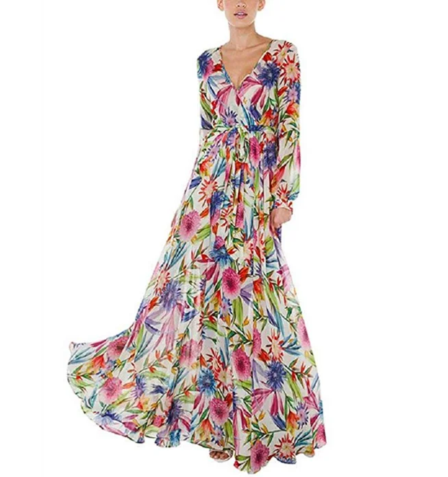 Женское длинное шифоновое платье макси с длинным рукавом и v образным вырезом для