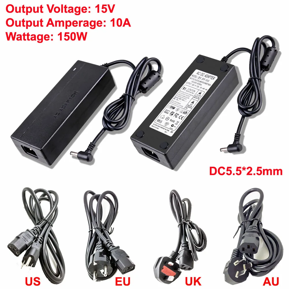 

Desktop Power Supply Adapter Transformer AC 110V~240V To DC 15V 10A 150W 5.5x2.5mm Connector Include EU/US/UK/AU Cable Plug