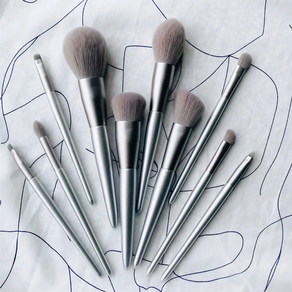 

10 silver makeup brush tool set black full of tools for student beginners travel portable beauty