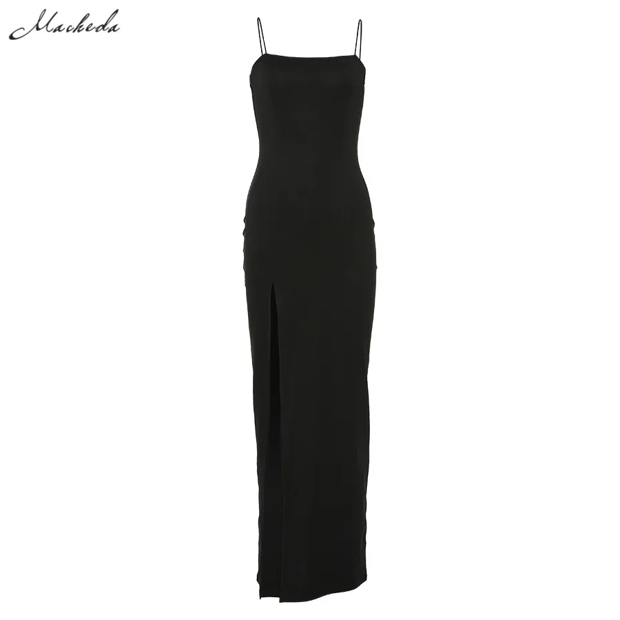 

Macheda Autumn Women Spaghetti Strap Dress Autumn Sexy Split Solid Slim Lady Ankle Length Vintage Wear Dress 2019 New
