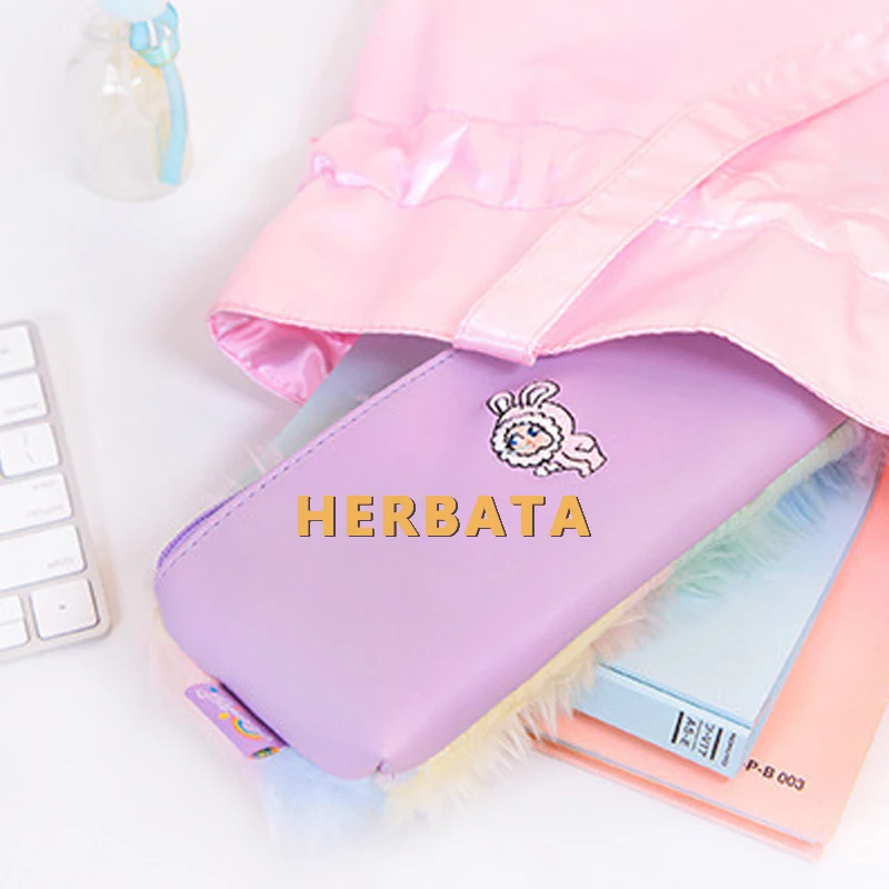 Сумочка для ручек и карандашей с радужным помпоном девочек милый плюшевый