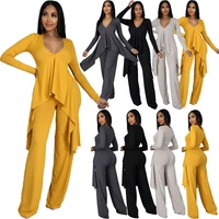 zoctuo concise solid womens tracksuit cascading ruffles long sleeve irregular tops and loose bell bottom pant 2 piece outfits