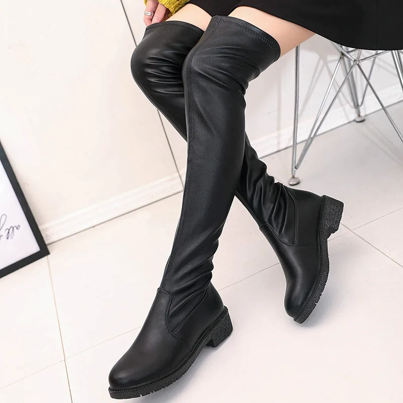 

SWYIVY Women Over The Knee Boots 2019 Winter Shoes Woman Slim Sexy Black Long Boots PU Leather Slip On Snowboots Block Heel