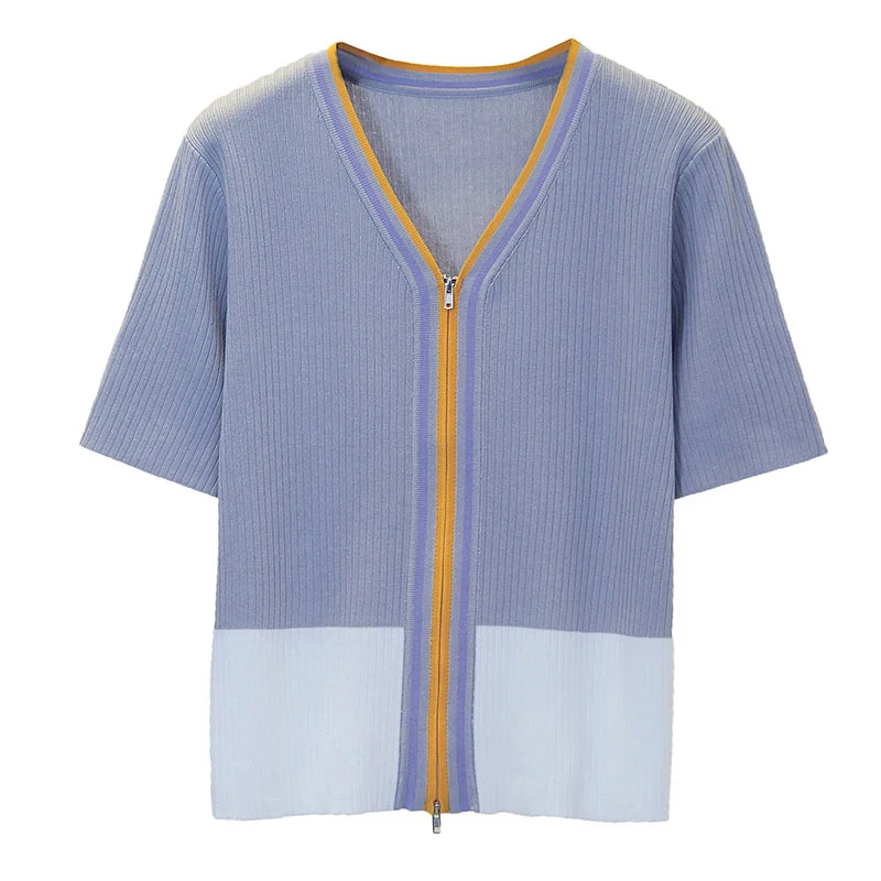 

Nkandby Plus Size Ice Silk Tops Summer Women V-neck Short Sleeve Spliced Cardigan T-shirt Large Female Knitted Tshirt