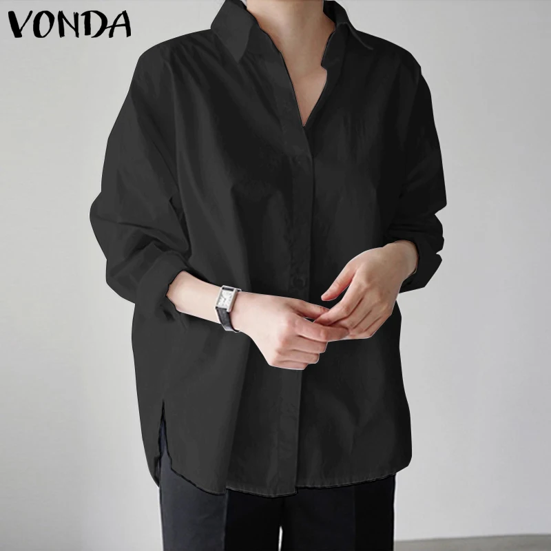

2021 Women Spring Solid Shirts Split Tunic Tops VONDA Stylish Lapel Blouses Tops Long Sleeve Casual Loose Busas OL Feminina 5XL