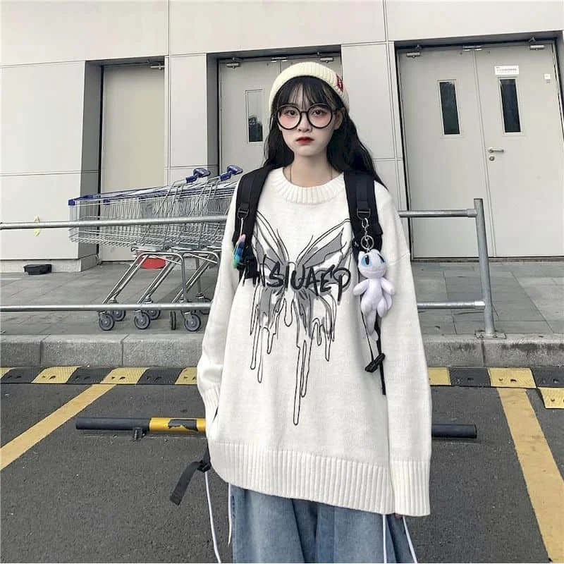 

Wool Overszsied Knited Sweater Women Tops Autumn Winter Korean BF Harajuku Butterfly Print Loose Student Womens Sweaters 2021