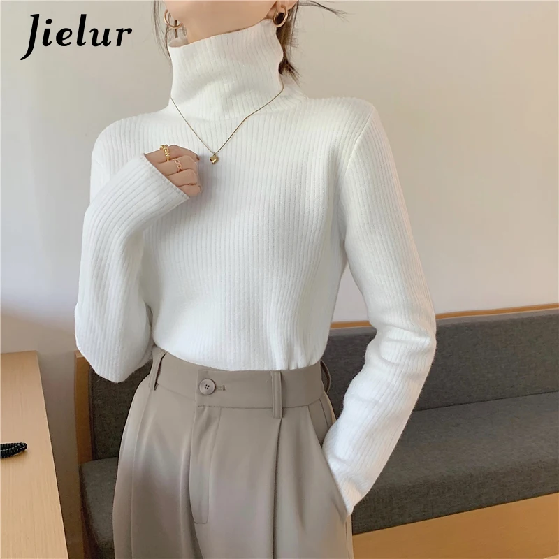 Jielur Свитер женский с высоким воротником флисовый вязаный облегающий пуловер