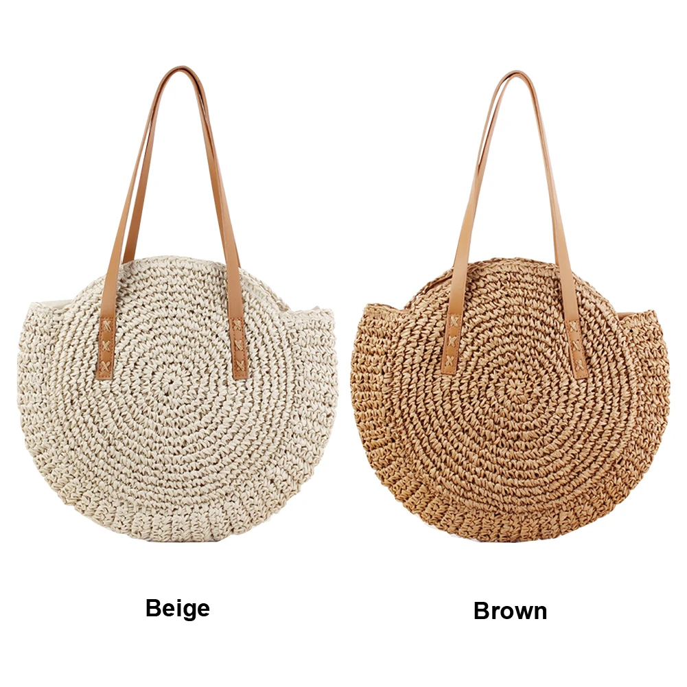 

Women Straw Lovely Beach Bag Hand Woven Crochet Handbag Large Capacity Summer Round Girls Purse Cute Vintage Pouch Fashion