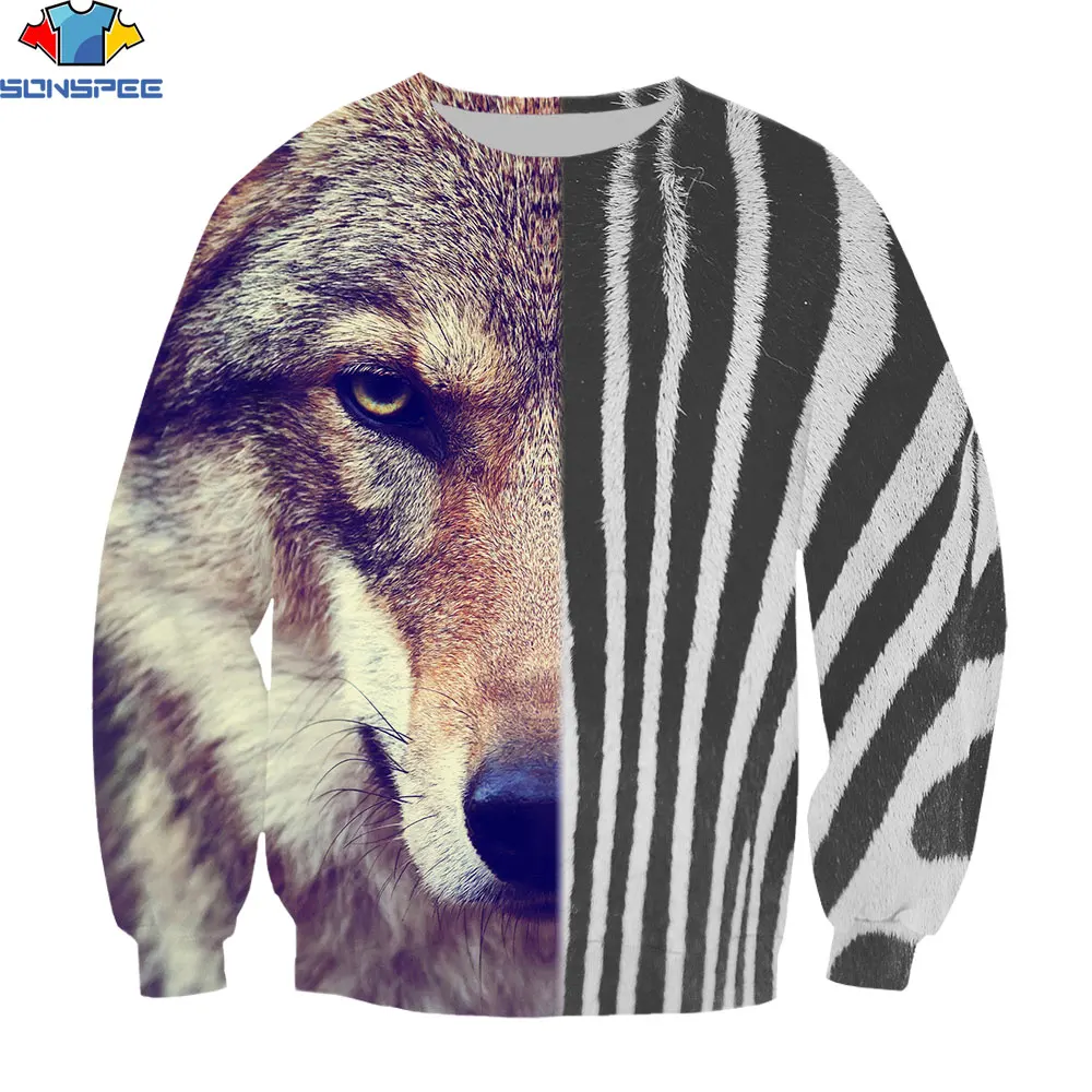 

SONSPEE 3D Print Grassland Animal Wolf & Zebra Stitching Style Ping Jie Without Cap Sweatshirt Men Women Oversized Pullover Top