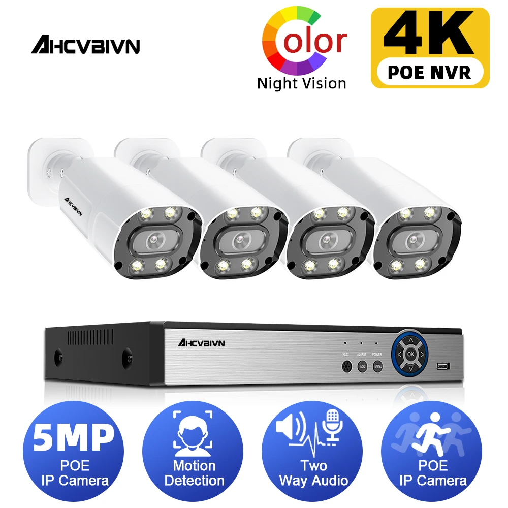 

Система видеонаблюдения, 5 Мп, Ultra HD POE камера видеонаблюдения, двусторонняя аудиосвязь, 4K H.265, 8-канальный сетевой видеорегистратор, водонепр...