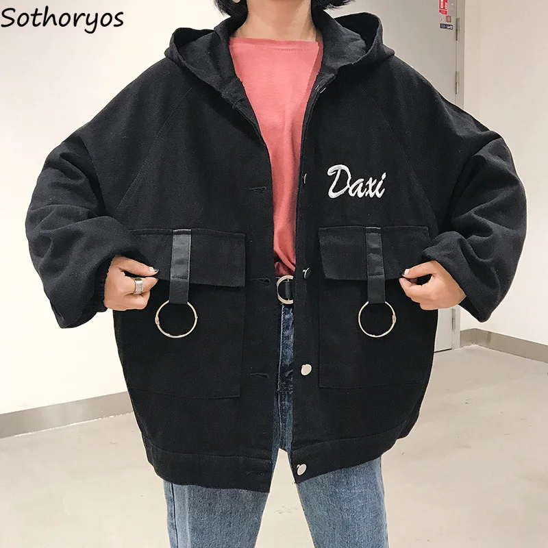 

Jackets Women Autumn Hooded Pockets Leisure Letter Printed Harajuku Jacket Womens Korean Style Simple All-match Students Coats
