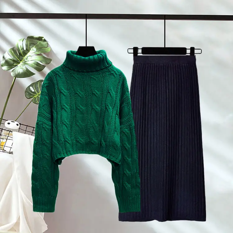 

Autumn Winter 2 Piece Set Women Sweater New Fashion Long Sleeve Knitwear Elegant Ladies Solid Cashmere Pullover Skirt Suits Z163