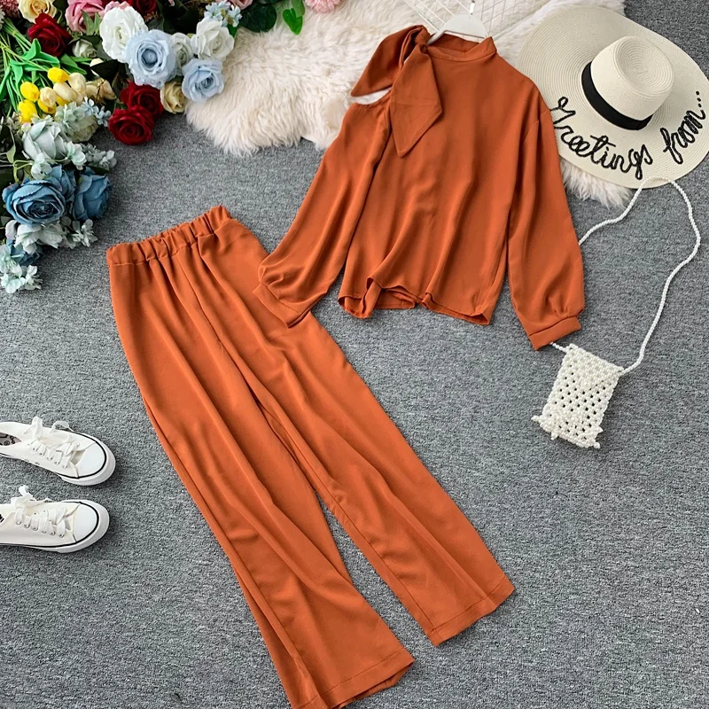Autumn Women Off Shoulder Bowknot Pullover Suits Blouse &amp Long Leg Pants Urban Ladies Sleeves Elegant Solid 2 Piece Set | Женская
