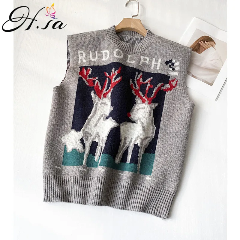 

H.SA 2021 Women Sweater Vest Oneck Sleeveless Catroon Christmas Knitted Vests Oneck Deer Printed Korean vest sleeveless sweater