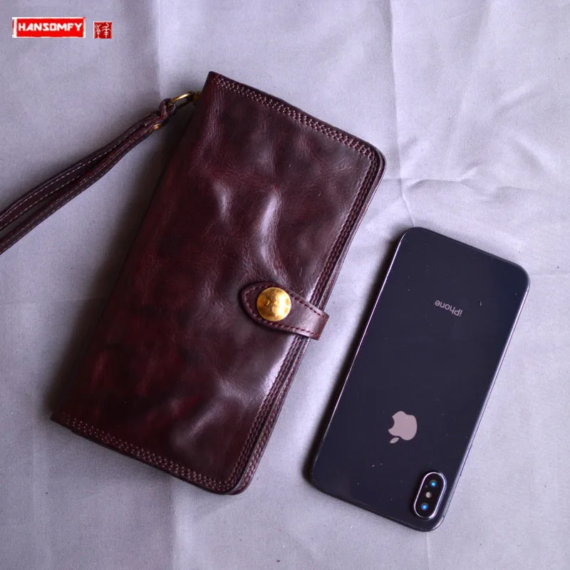 Handmade Genuine Leather men wallets, retro pleated soft leather clutches, trendy men casual wallets mobile phone purses
