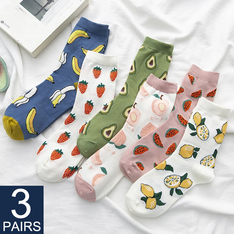 3 пары женские хлопковые носки с принтом фруктов клубника авокадо лимон теплые
