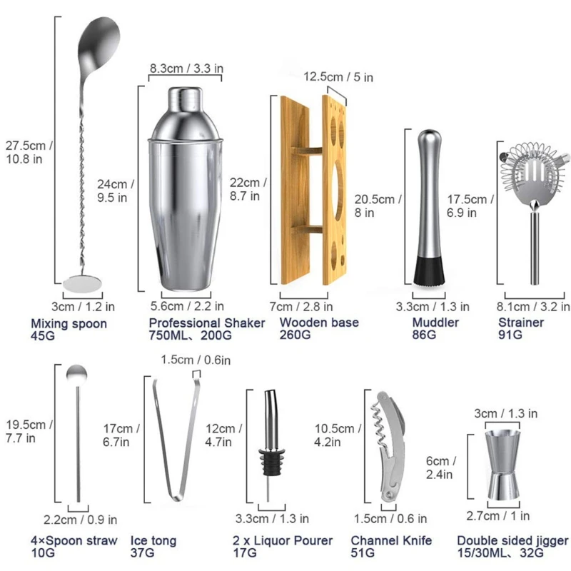

Q1JB 14 Pcs Cocktail Shaker Set Stainless Steel Cocktail Making Bar Tool Bartender