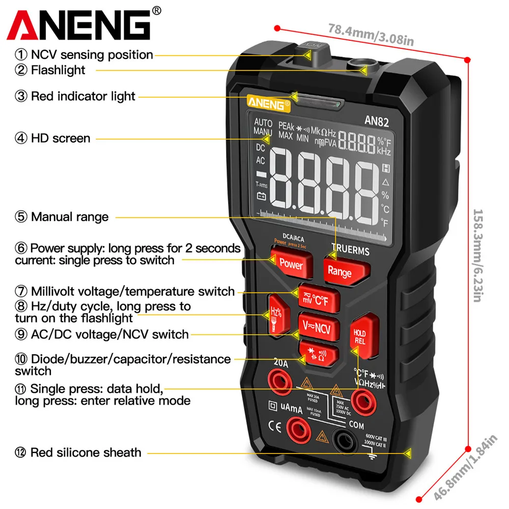 ANENG AN82 Professional Digital Multimeter 9999 Tester DIY Transistor Capacitor NCV Testers True RMS Analog Meter Multimetro