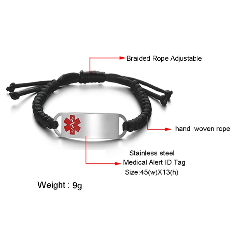 Браслет медицинский из нержавеющей стали с гравировкой синего черного и
