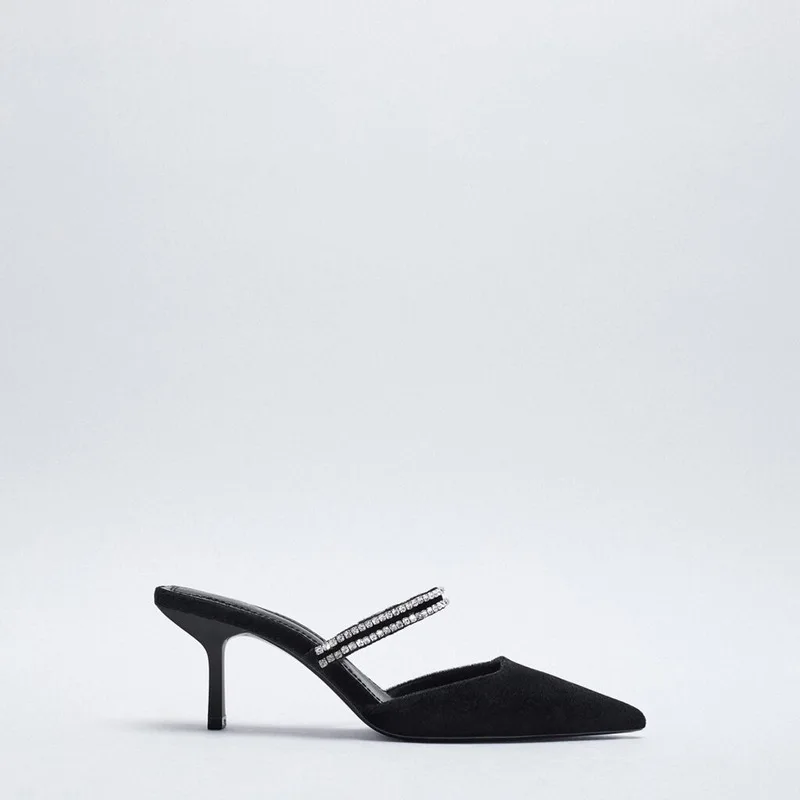 

2021 New Women's shoes Black Bright Velvet High Heel Sandals Rhinestone Chain and Pointed Toe Thin Heel Single shoes