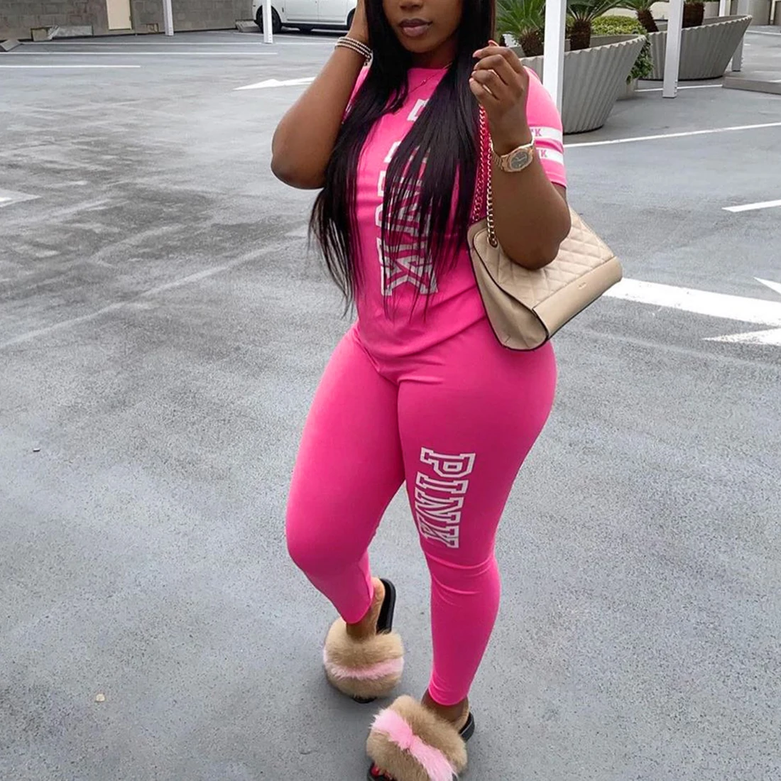 

2020 Casual Tracksuits Pink Letter Print Sweat 2 Piece Set Womens Outfits Fashion Short Sleeve Tops Pants Set Summer Sportswear