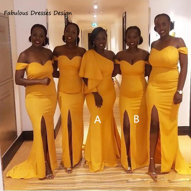 

Платье подружки невесты с открытыми плечами, желтое длинное платье с разрезом, Африканское нигерийское платье для гостей свадьбы, 2021