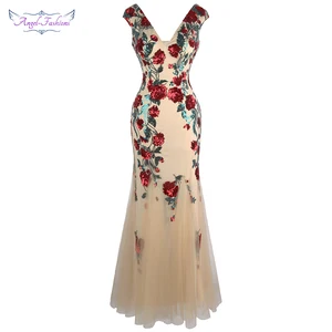 Женское вечернее платье Angel-fashions, блестящее платье с V-образным вырезом, с цветами, модель 452