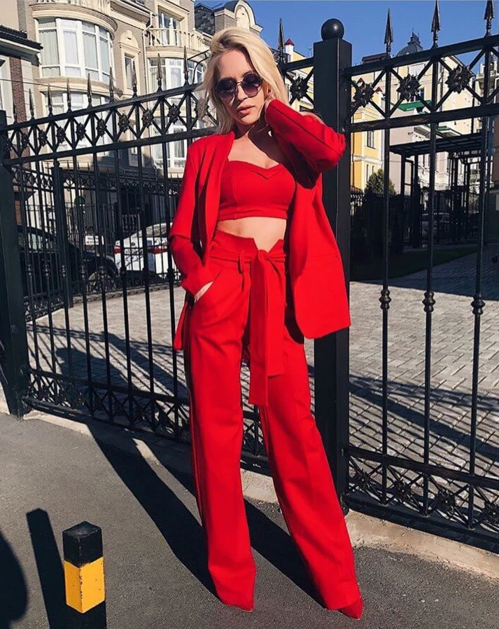 

Sexy Red White Black 2 Piece Suit Women Sexy Crop Top Pant Suits Blazers Coat Set
