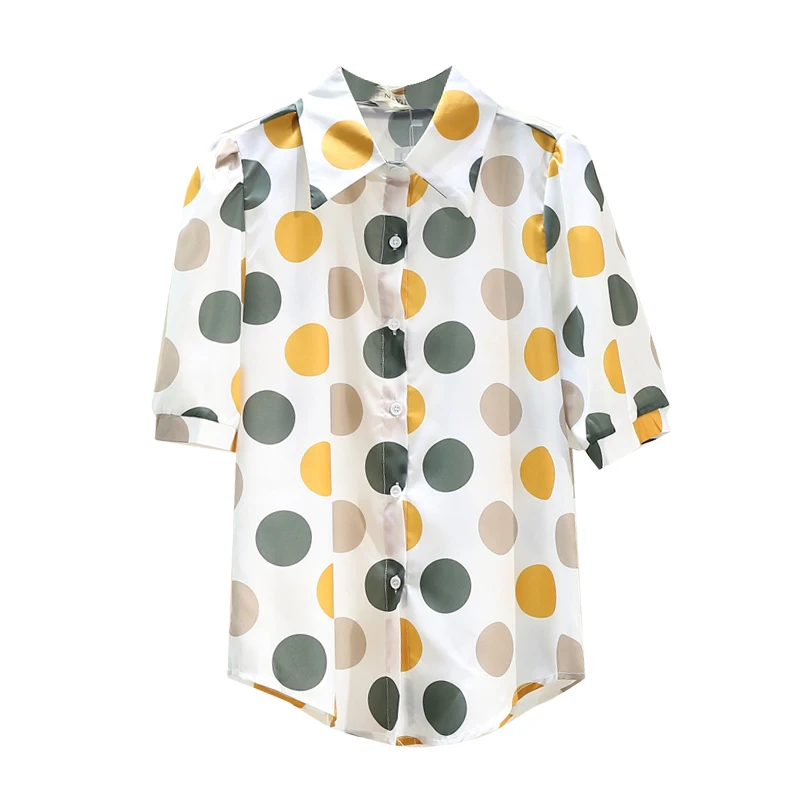 

Contrast Polka-dot Shirt Women Half Puff Sleeve Top Summer 2021 New Wild Loose Laple Collar Button Up Shirt Camisas Para Mujer