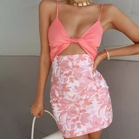 ladies party two piece short mini skirt ladies fashion hollow patchwork pink dress business slim sleeveless sling pencil skirt