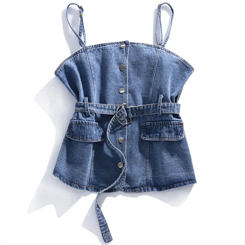 Корейский синий женский джинсовый жилет Летний короткий однобортный топ на