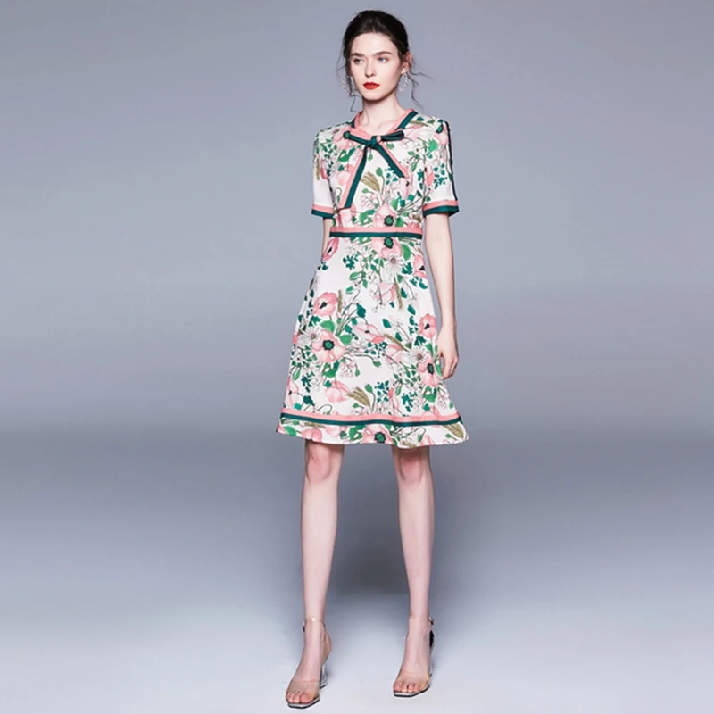 

2020 summer Fashion Runway Bow collar Short Sleeve Dress Women's Multicolor Floral Print Vintage Elegant party Dress