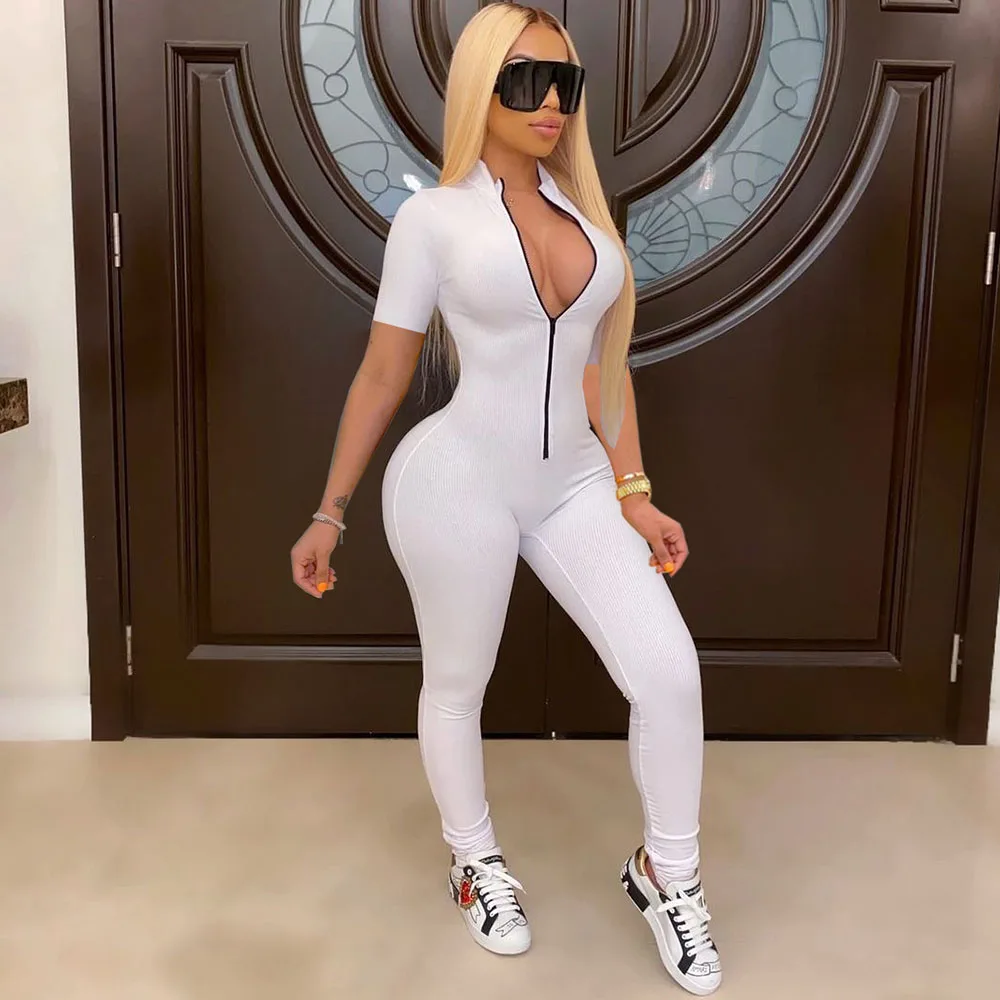 

Solid Zipper Casual Jumpsuit Women 2021 Short Sleeve Slim Skinny Streetwear Active Fitness Sporty Work Out Bodycon Rompers Mono