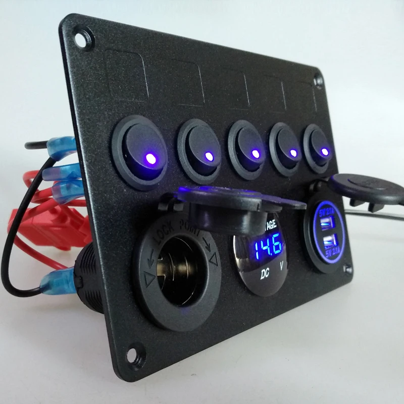 

Inline Fuse Box 5 Gang Blue LED Rocker Switch Panel Voltmeter Dual USB Charger Socket 12V 24V Vehicle Yacht Ship Car Boat Marine